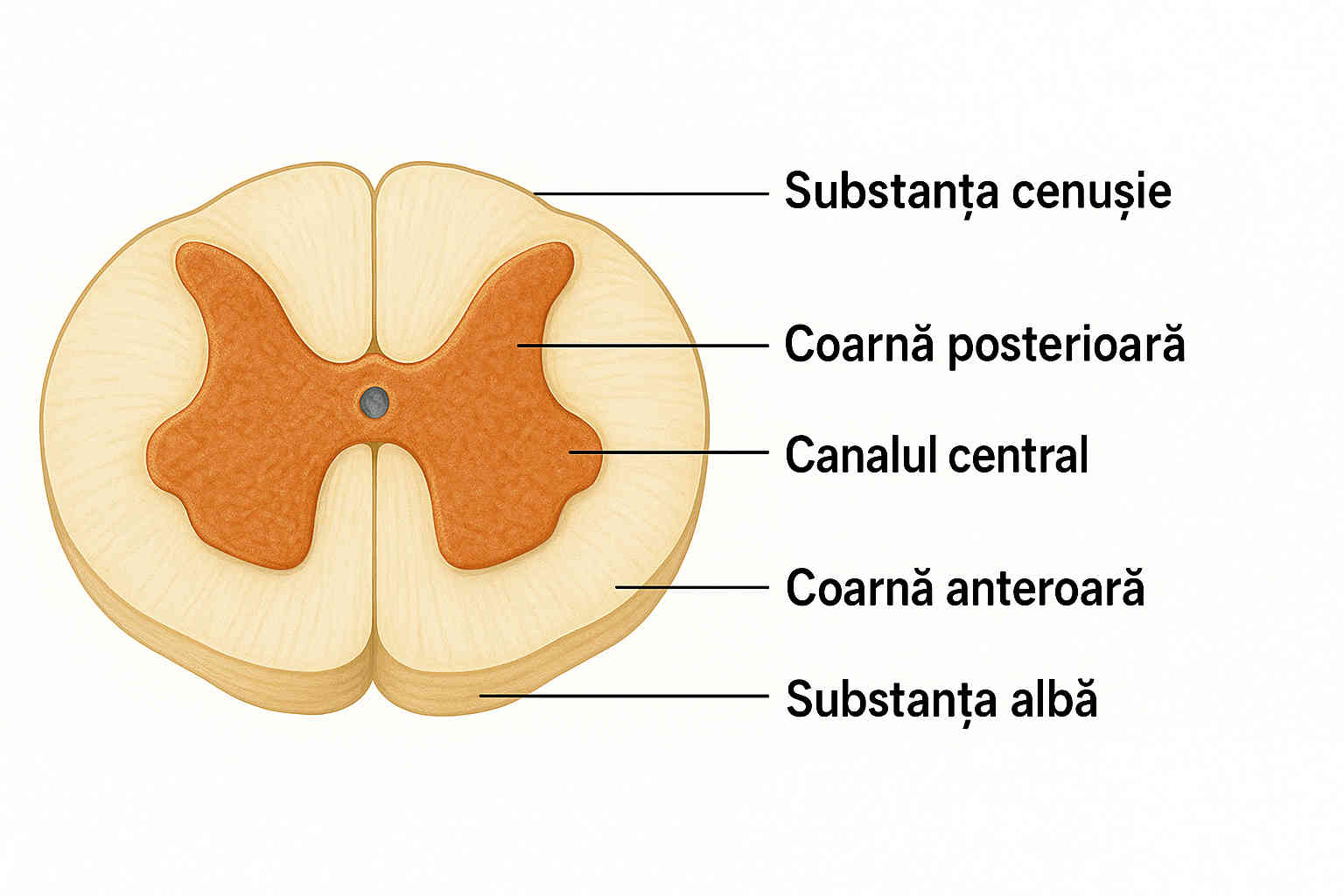 Structura internă a măduvei spinării în secțiune transversală, cu substanța cenușie și albă evidențiate Structura internă a măduvei spinării în secțiune transversală, cu substanța cenușie și albă evidențiate