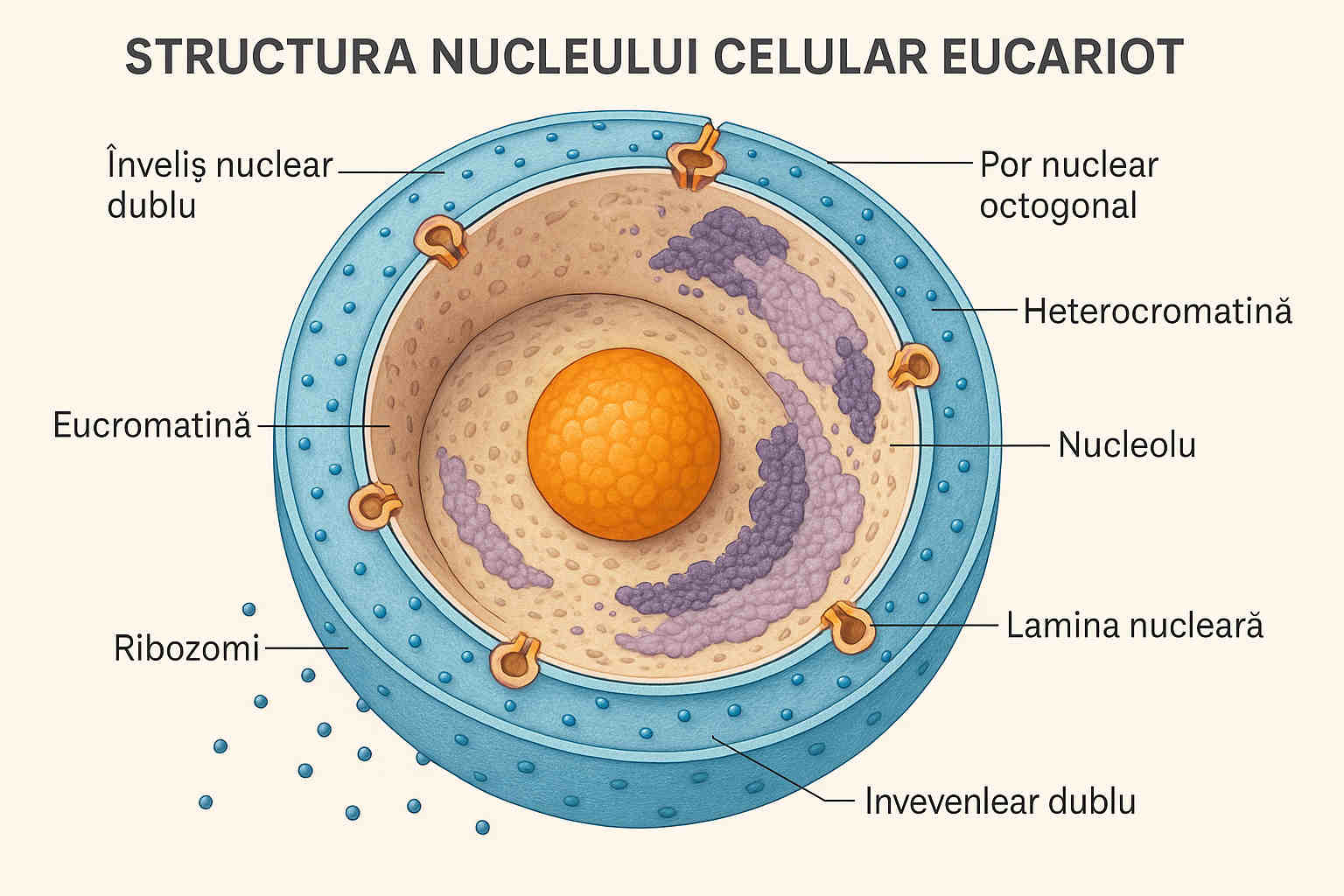 Structura nucleului celular eucariot cu nucleol, cromatină și pori nucleari Structura nucleului celular eucariot cu nucleol, cromatină și pori nucleari