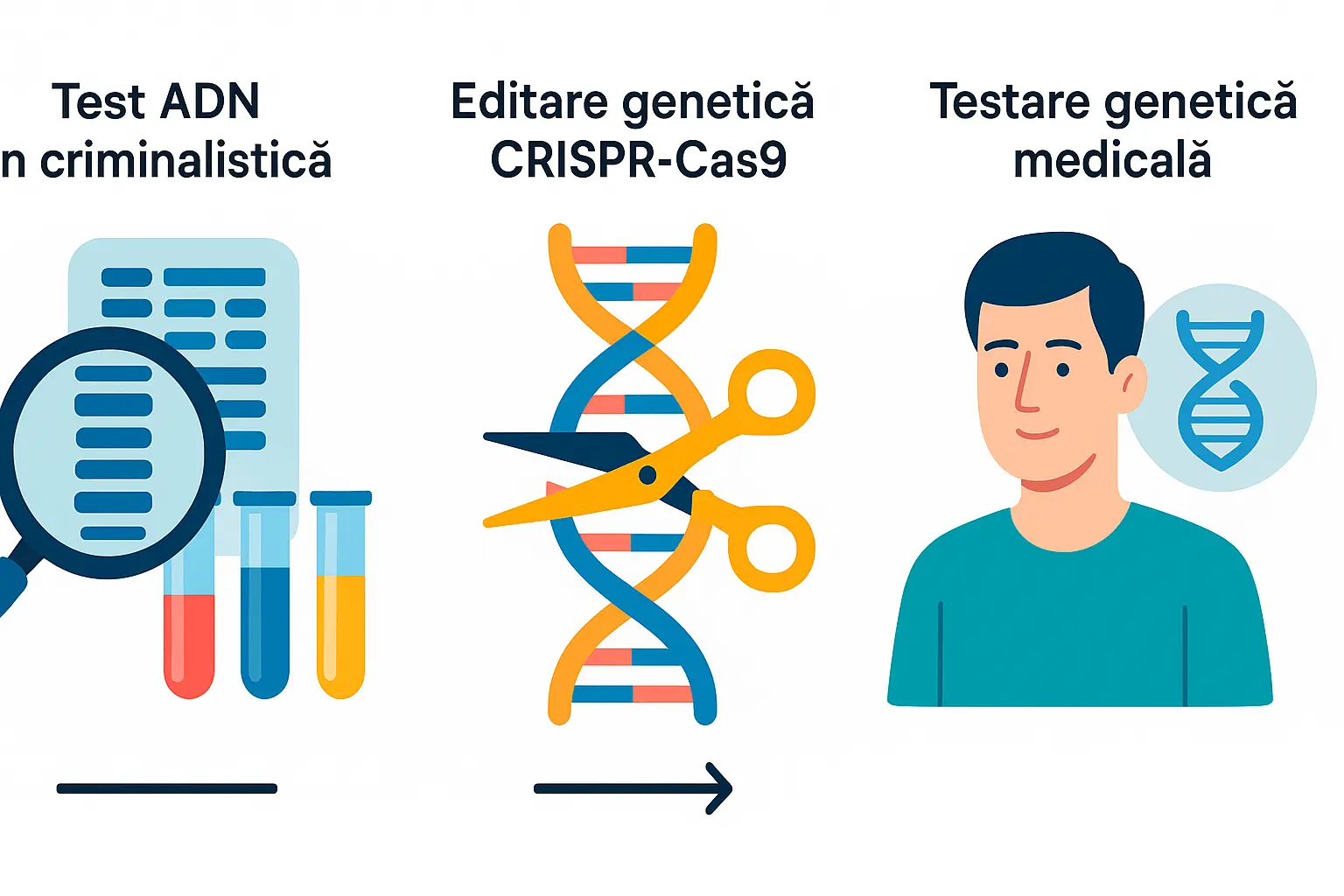 Ilustrație cu aplicațiile moderne ale ADN-ului în medicină, editare genetică și criminalistică