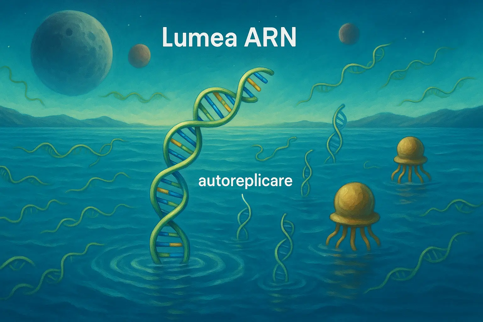 Ilustrație a ipotezei lumii ARN și apariției vieții prin molecule autoreplicante într-un mediu prebiotic