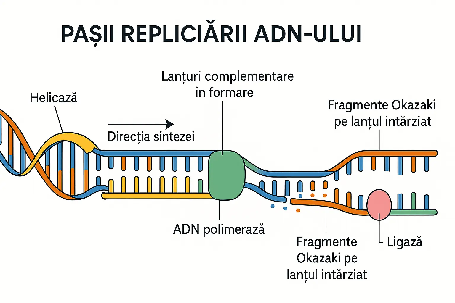 Infografic al replicării semiconservative a ADN-ului cu enzime și pași biologici esențiali