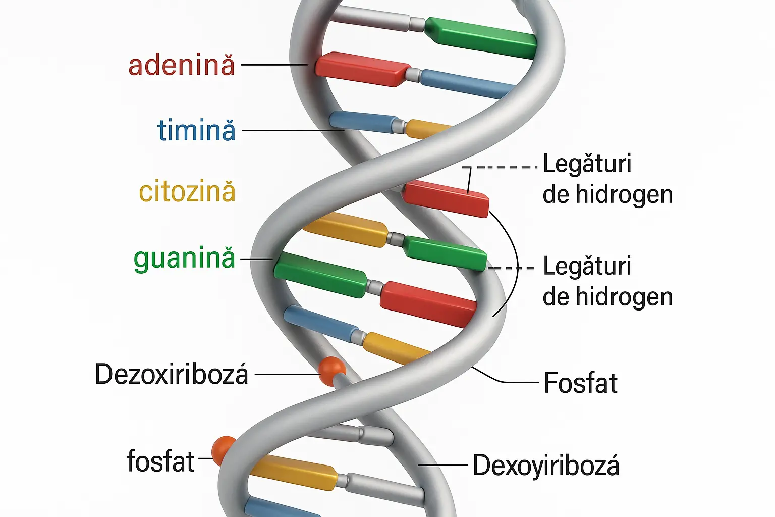 Structura chimică a ADN-ului cu dubla elice, perechi de baze azotate și coloana vertebrală zahăr-fosfat