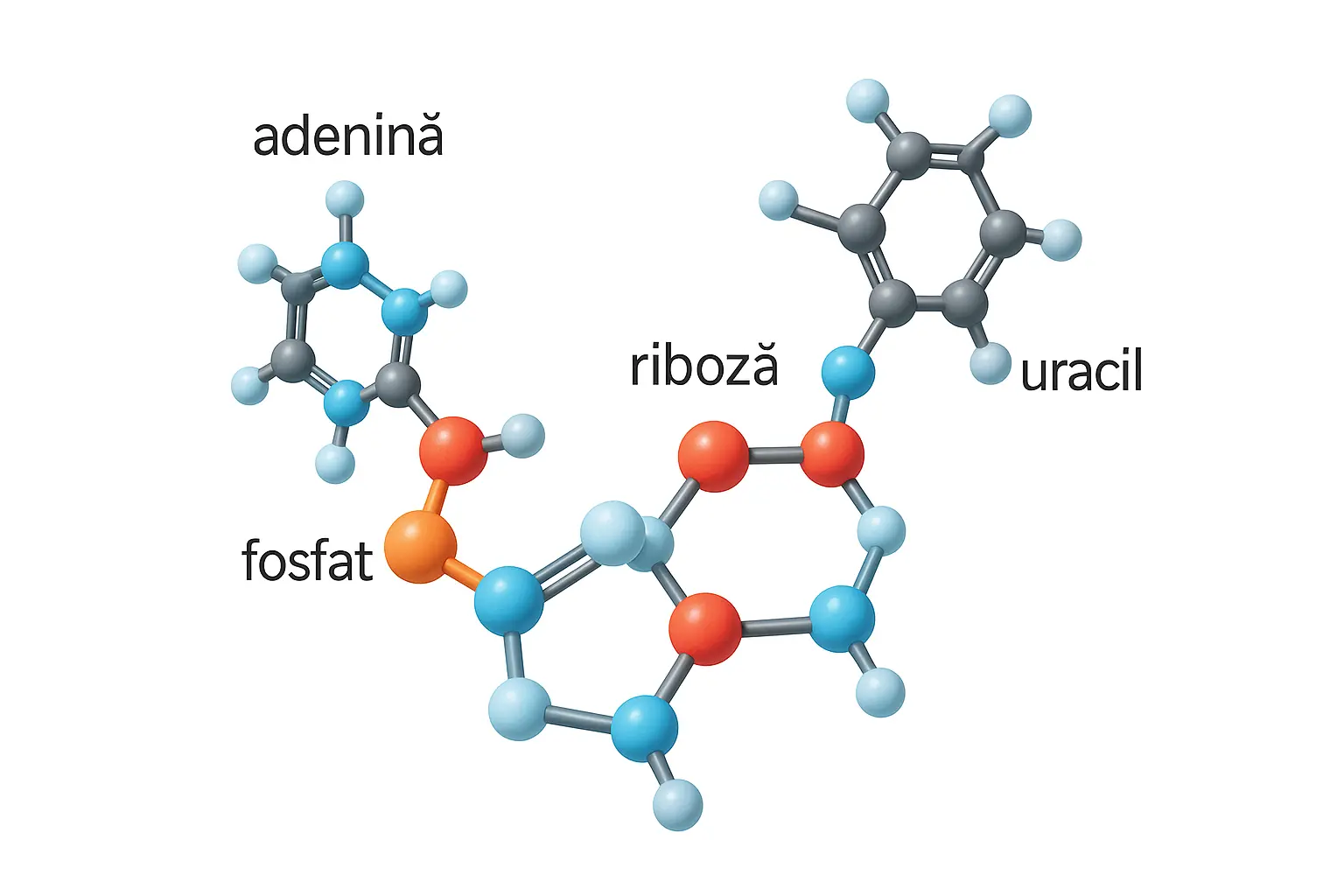 Structura chimică 3D a ARN-ului monocatenar cu riboză, uracil și grup fosfat – diagramă educațională