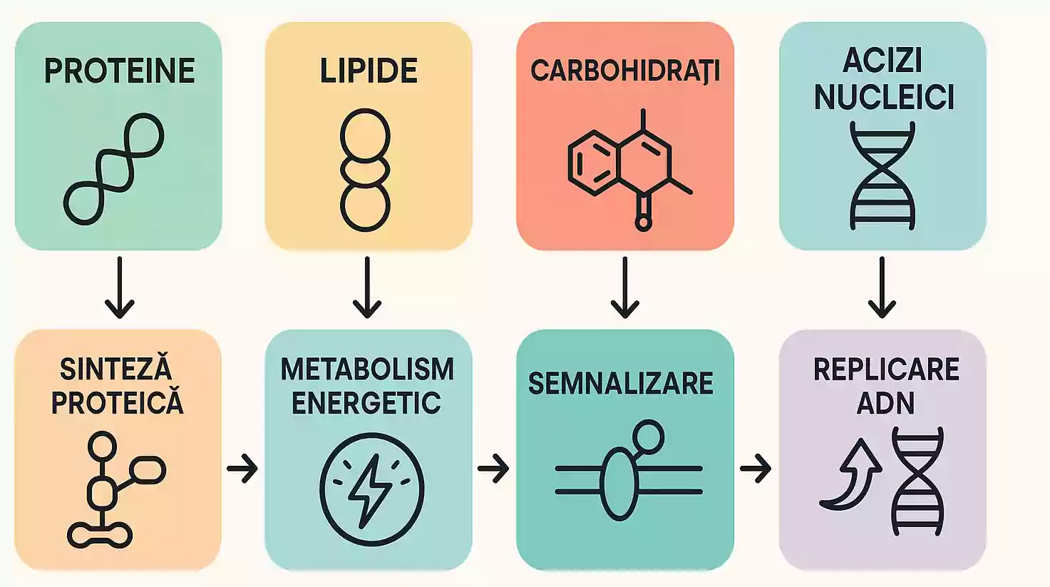 Diagramă a modului în care biomoleculele contribuie la funcțiile celulare esențiale