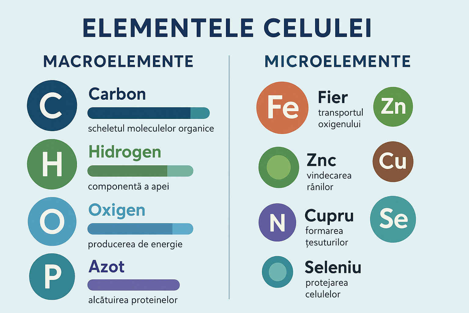 Infografic explicativ cu macroelemente și microelemente esențiale din compoziția chimică a celulei Infografic explicativ cu macroelemente și microelemente esențiale din compoziția chimică a celulei