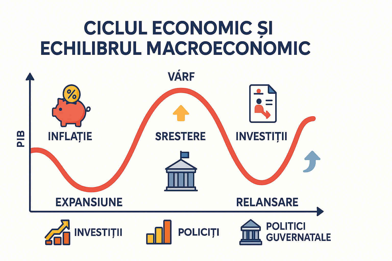 Infografic cu fazele ciclului economic și impactul asupra echilibrului macroeconomic Infografic cu fazele ciclului economic și impactul asupra echilibrului macroeconomic
