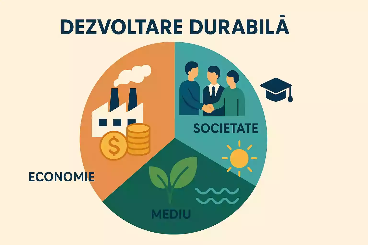 Infografic despre cele trei dimensiuni ale dezvoltării durabile: economică, socială și de mediu