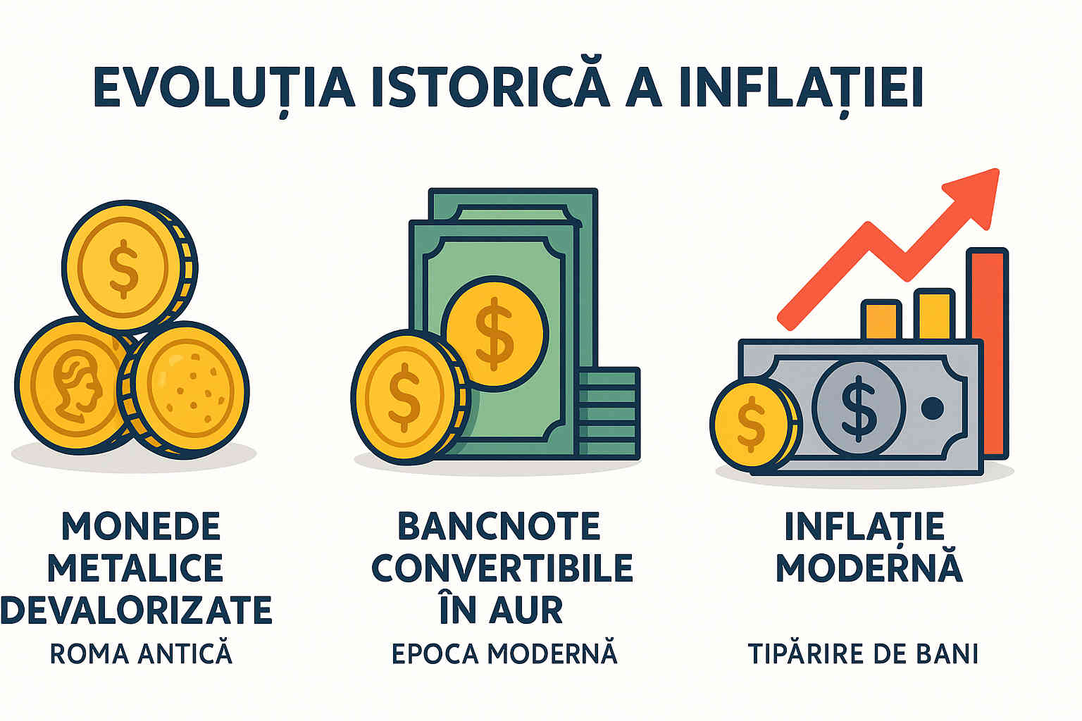 Infografic cu evoluția inflației și tipurile sale istorice: aur, bancnote convertibile și inflație modernă Infografic cu evoluția inflației și tipurile sale istorice: aur, bancnote convertibile și inflație modernă