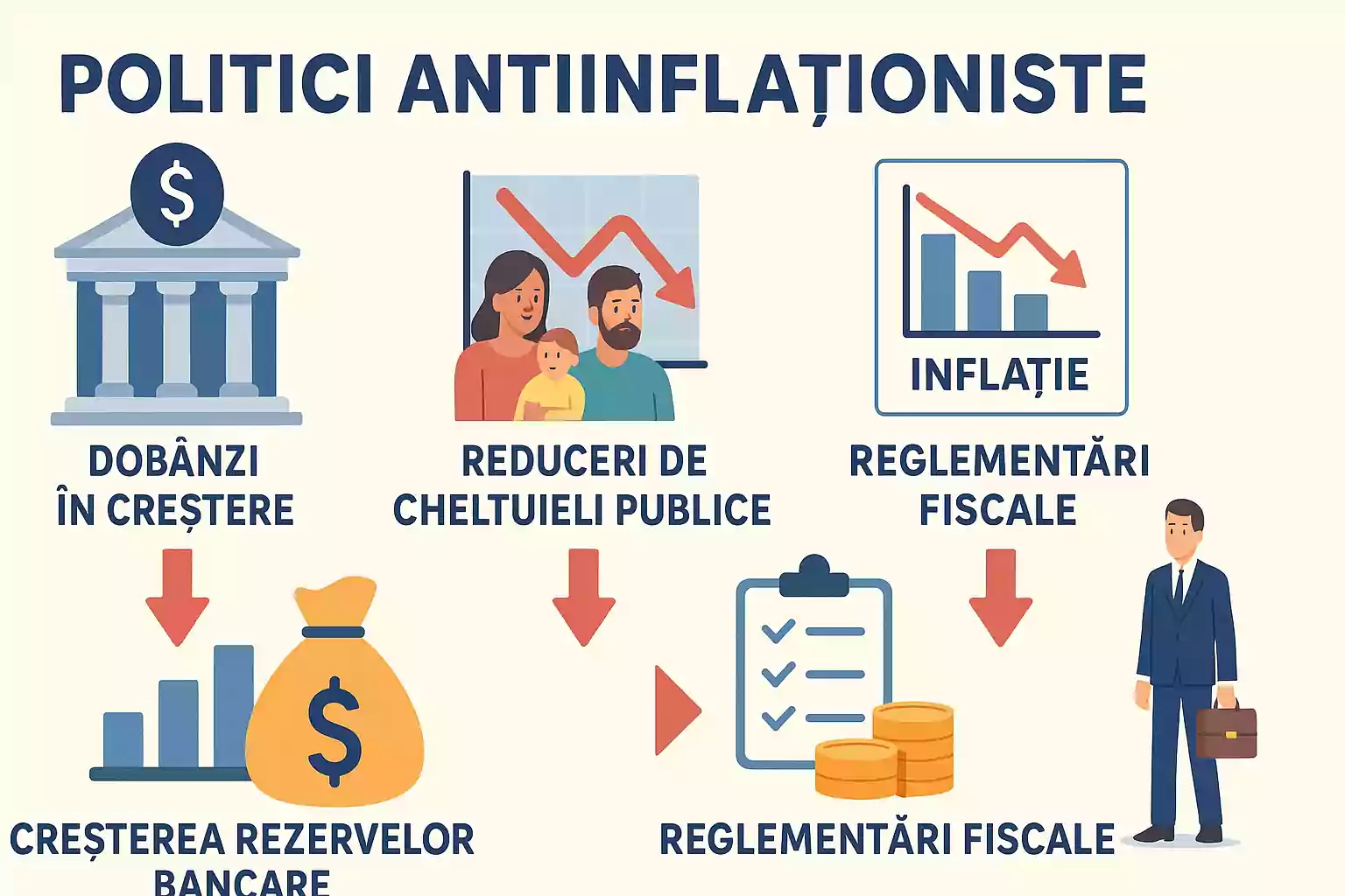 Infografic cu politici antiinflaționiste: măsuri monetare, fiscale și de control al cererii
