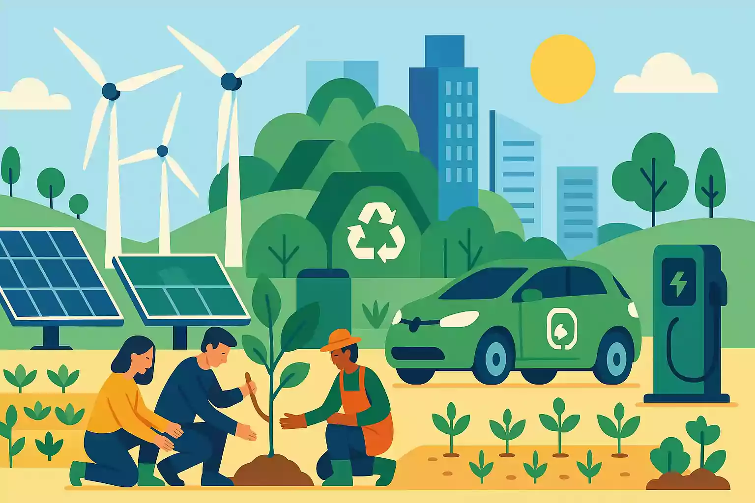Ilustrație cu strategii pentru o economie verde: energie regenerabilă, reciclare și mobilitate durabilă