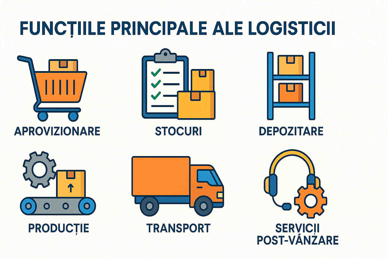 Infografic cu funcțiile de bază ale logisticii: aprovizionare, stocare, transport și servicii clienți