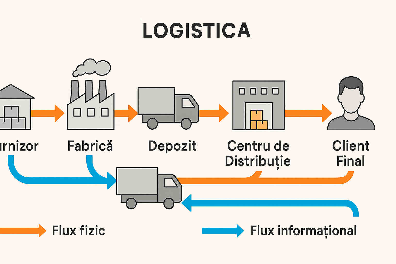 Lanț logistic integrat ilustrat cu fluxuri de la furnizor la clientul final Lanț logistic integrat ilustrat cu fluxuri de la furnizor la clientul final