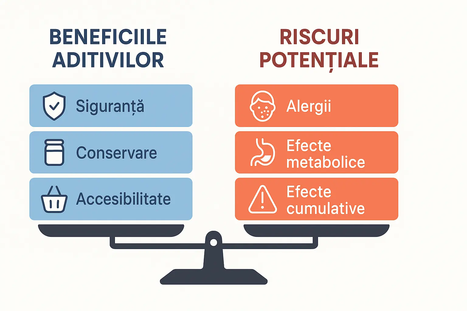 Diagramă comparativă a beneficiilor și riscurilor aditivilor alimentari în industria alimentară modernă