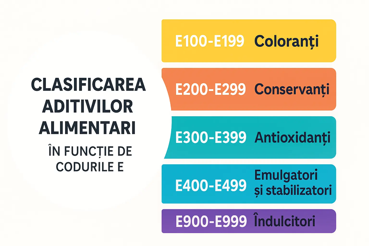 Clasificare vizuală a aditivilor alimentari în funcție de codurile E, grupată pe categorii tehnologice, în stil infografic