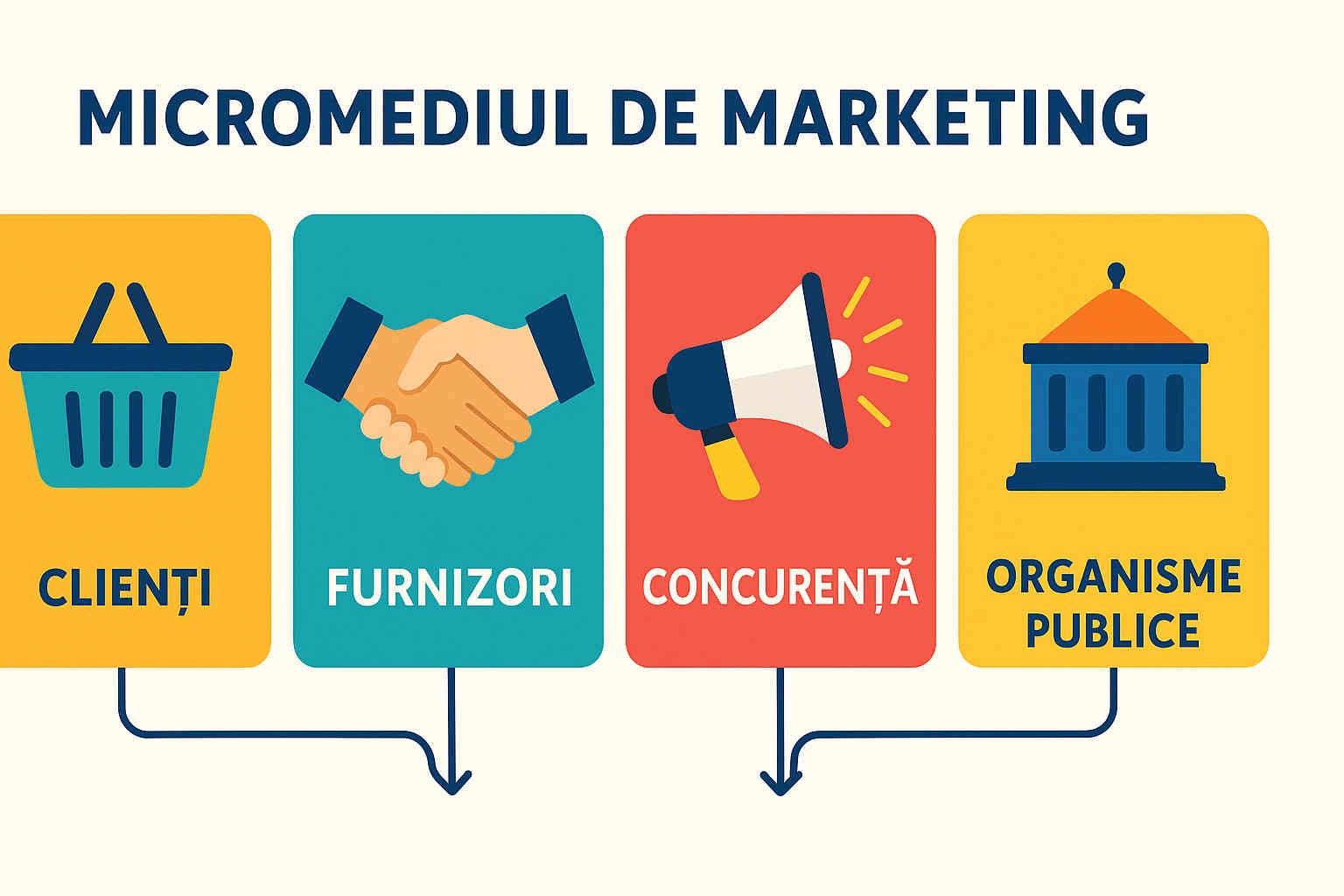 Infografic modern care prezintă componentele micromediului de marketing: clienți, furnizori, concurenți și organisme publice Infografic modern care prezintă componentele micromediului de marketing: clienți, furnizori, concurenți și organisme publice