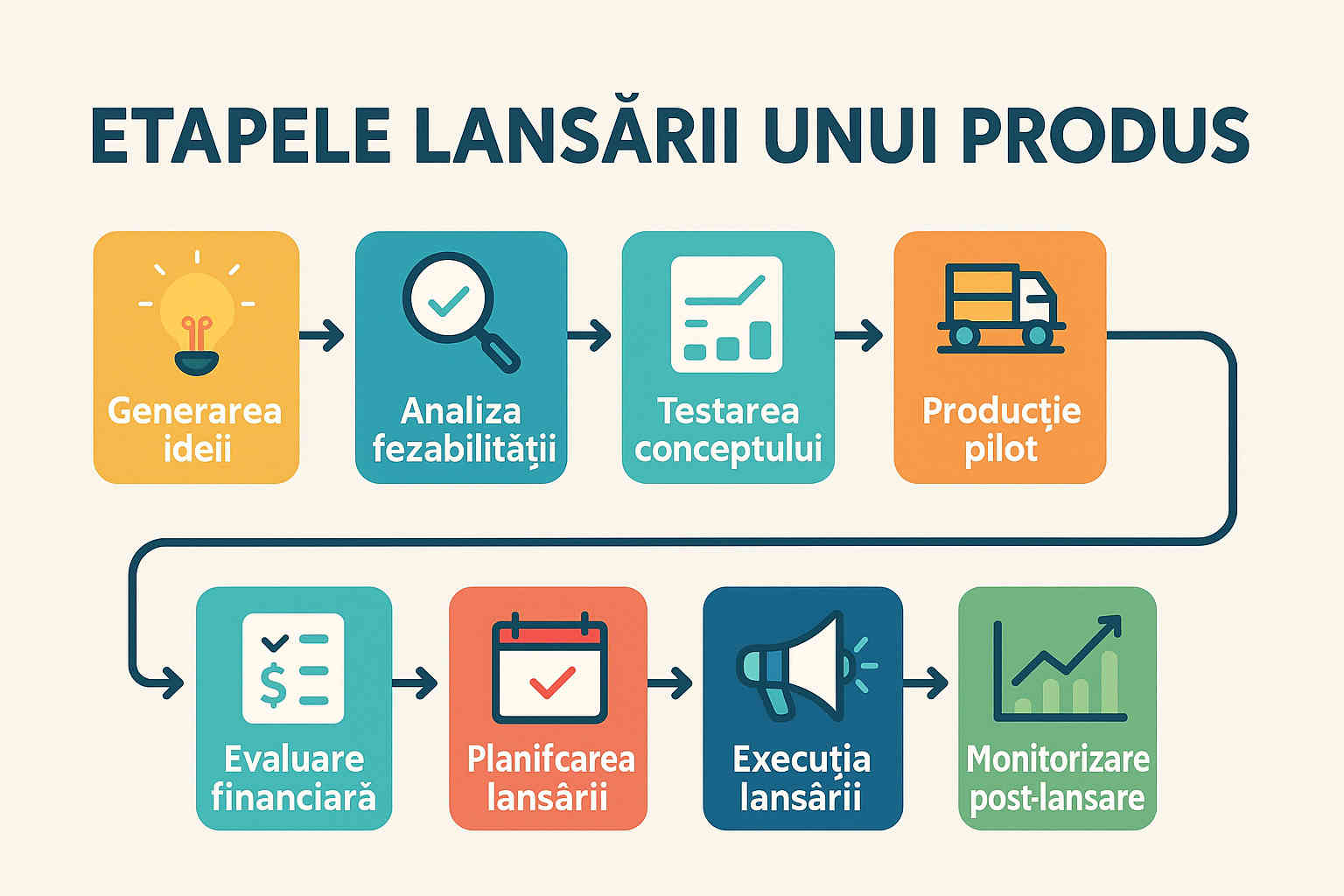 Infografic cu cele 8 etape esențiale ale lansării unui produs pe piață Infografic cu cele 8 etape esențiale ale lansării unui produs pe piață