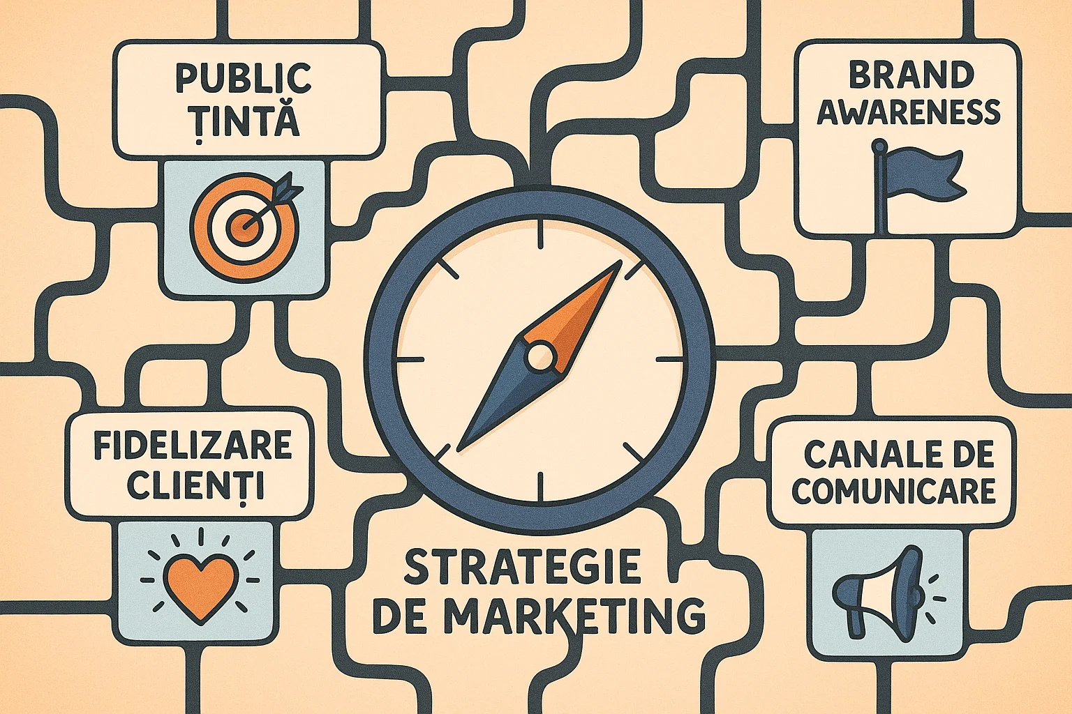 Hartă stilizată care simbolizează strategia de marketing ca ghid pentru succesul afacerii