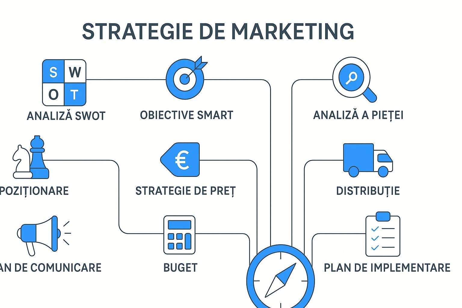 Infografic modern cu componentele principale ale unei strategii de marketing explicate vizual