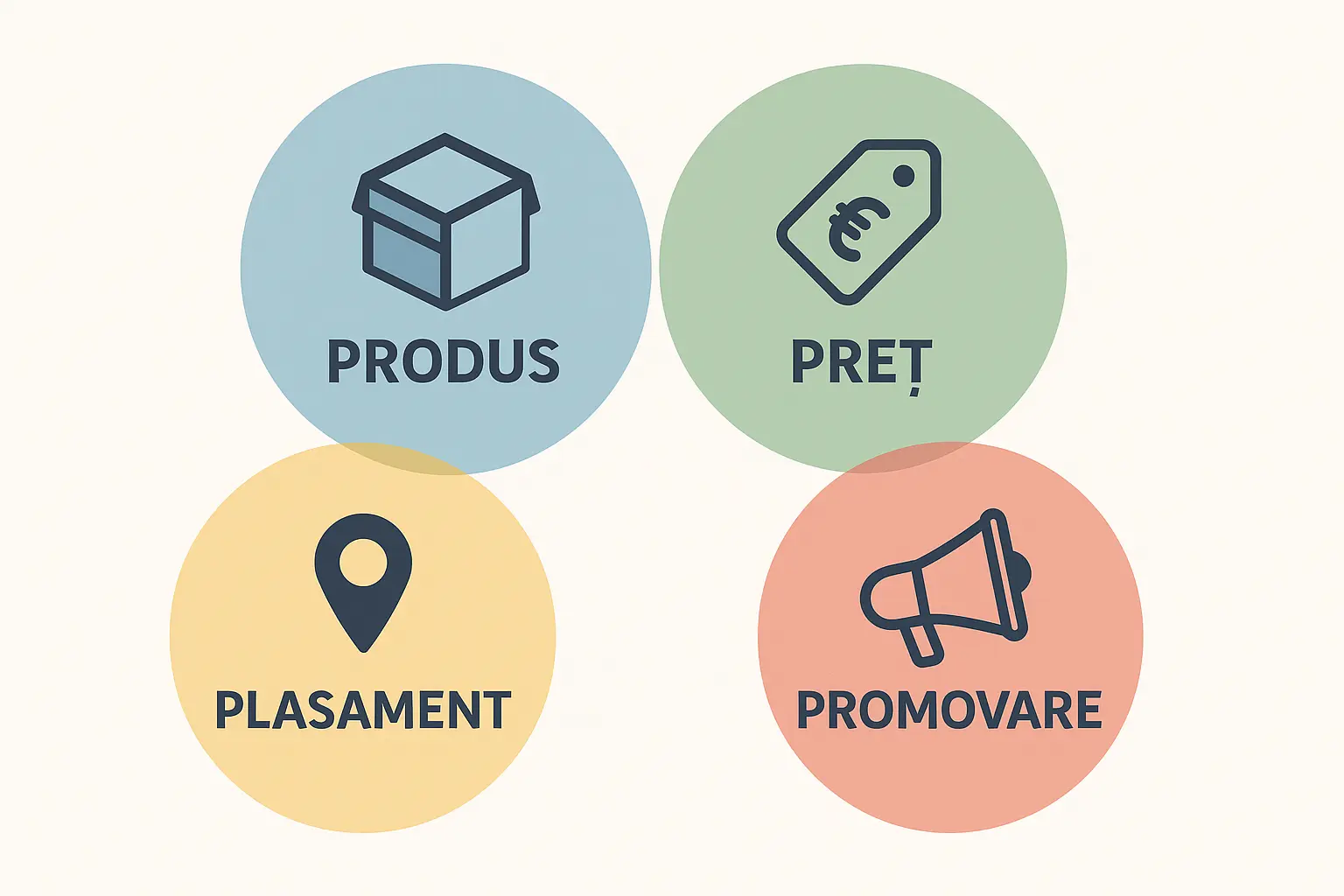 Diagrama celor 4P din mixul de marketing: produs, preț, plasament și promovare