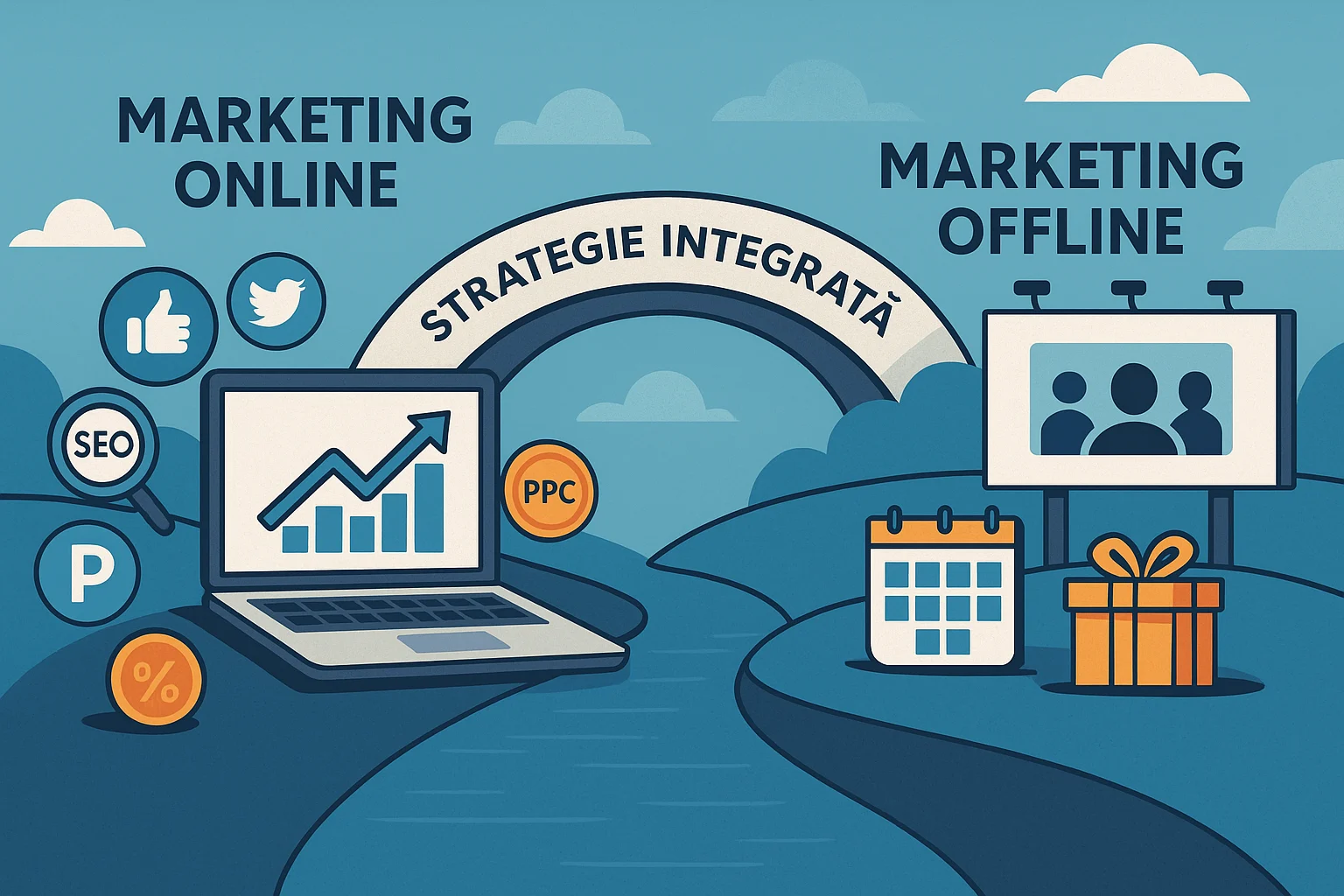 Ilustrație care conectează marketingul online și offline printr-o strategie integrată