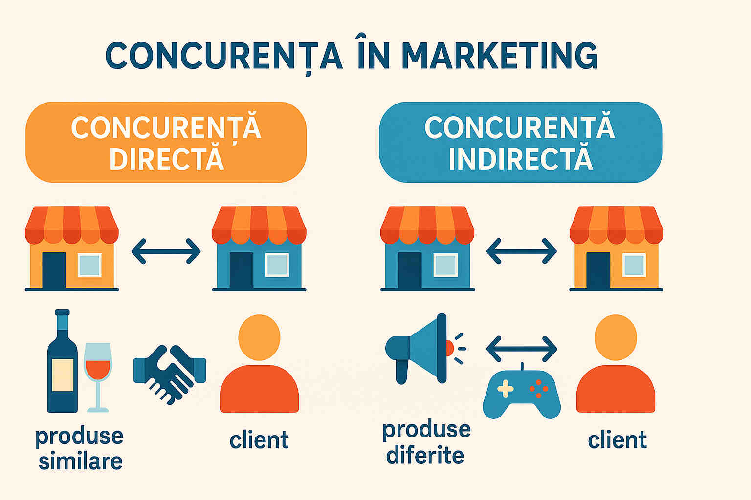 Diagramă comparativă care explică diferențele dintre concurența directă și indirectă în micromediul de marketing