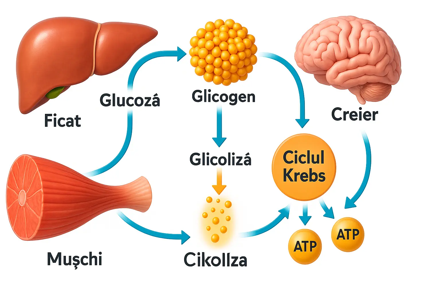 Diagramă 3D explicativă a metabolismului glucidic, inclusiv glicogenoliza, glicoliza și sinteza ATP