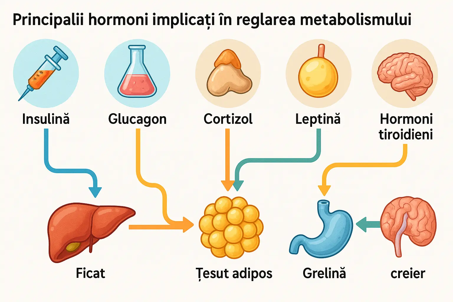 Infografic în limba română cu hormoni importanți pentru reglarea metabolismului: insulină, cortizol, leptină, grelină, glucagon și hormoni tiroidieni
