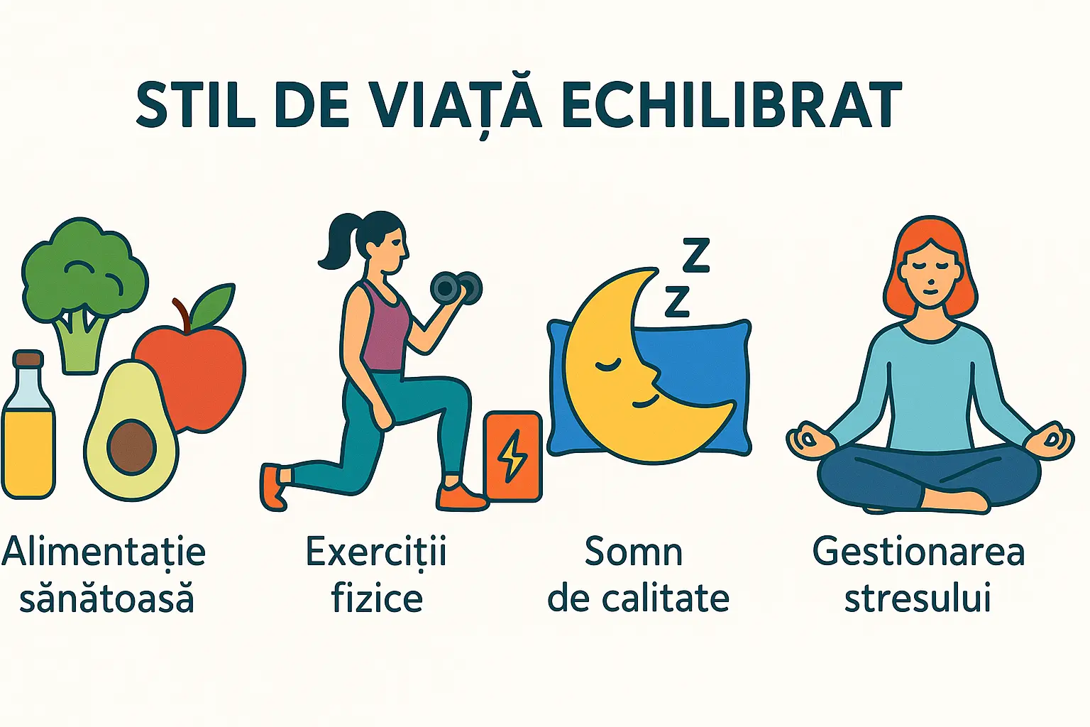 Infografic cu strategii naturale pentru echilibrul hormonal: nutriție, sport, somn și reducerea stresului