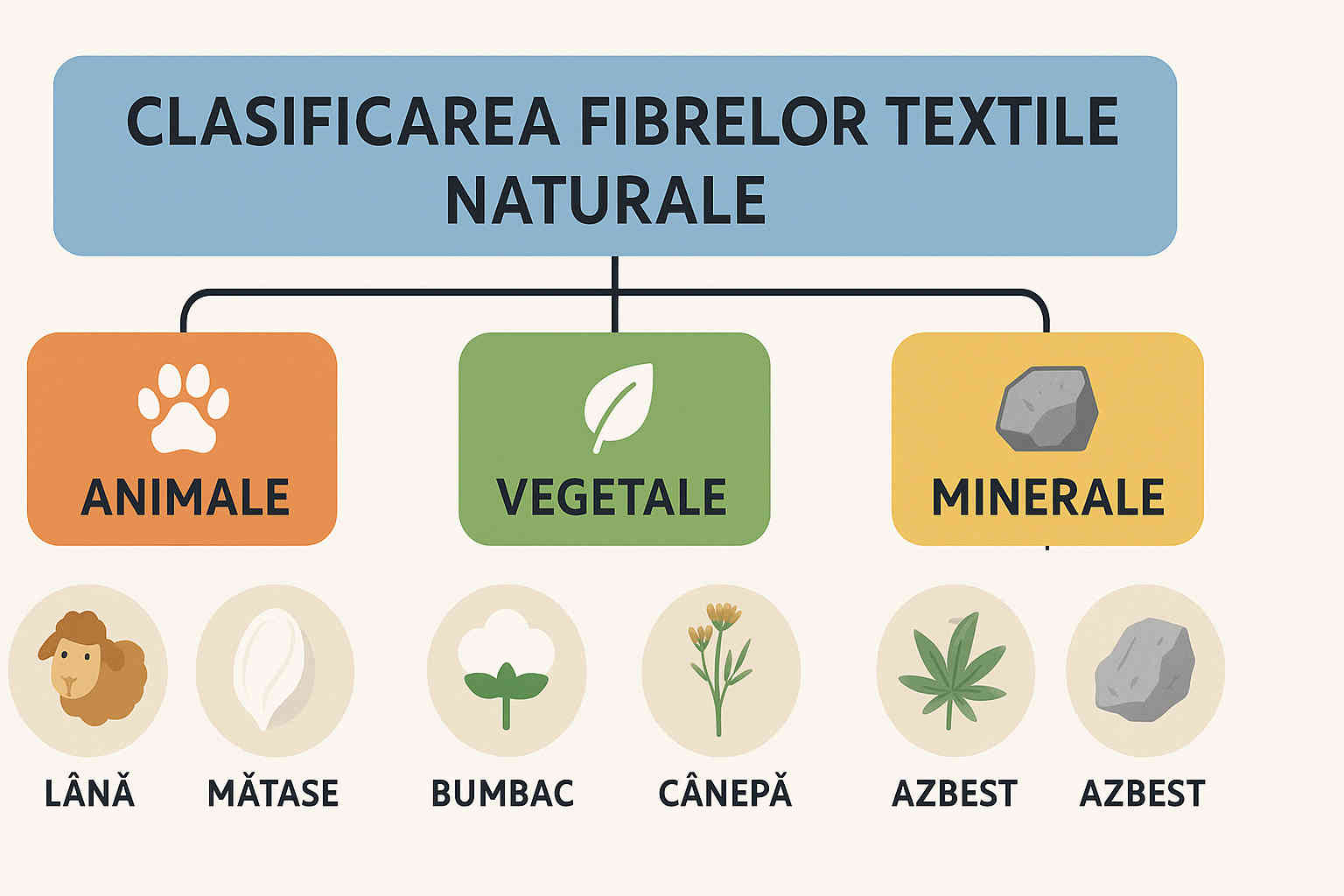 Infografic cu clasificarea fibrelor textile naturale: animale, vegetale și minerale Infografic cu clasificarea fibrelor textile naturale: animale, vegetale și minerale