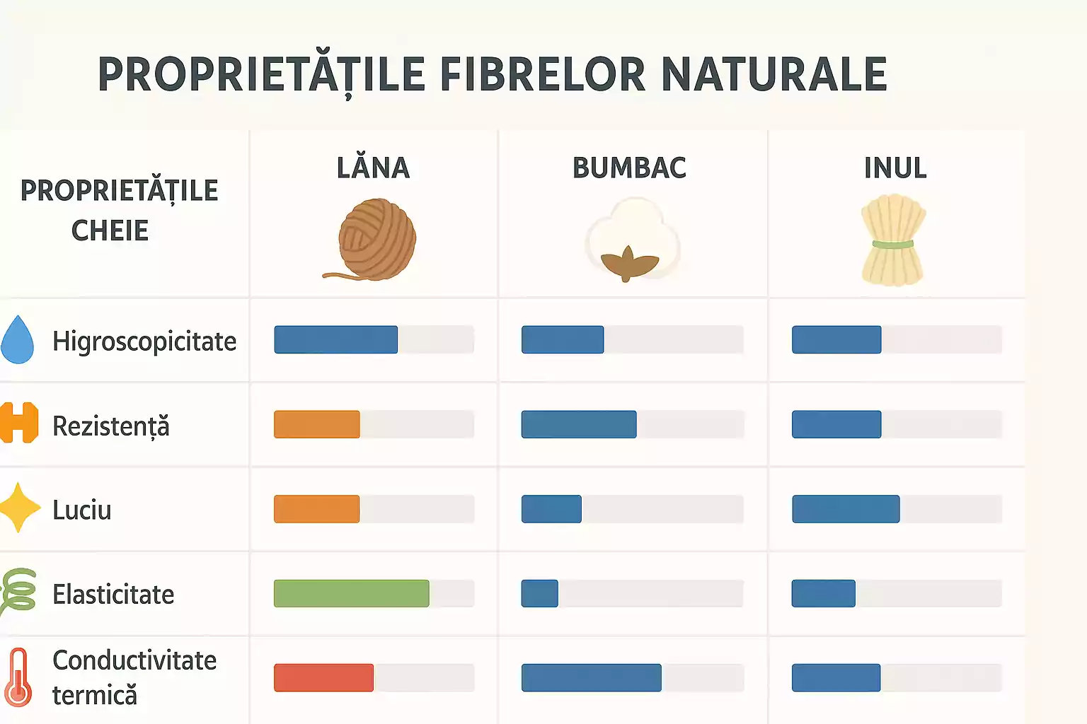 Diagramă comparativă între proprietățile lânii, bumbacului și inului