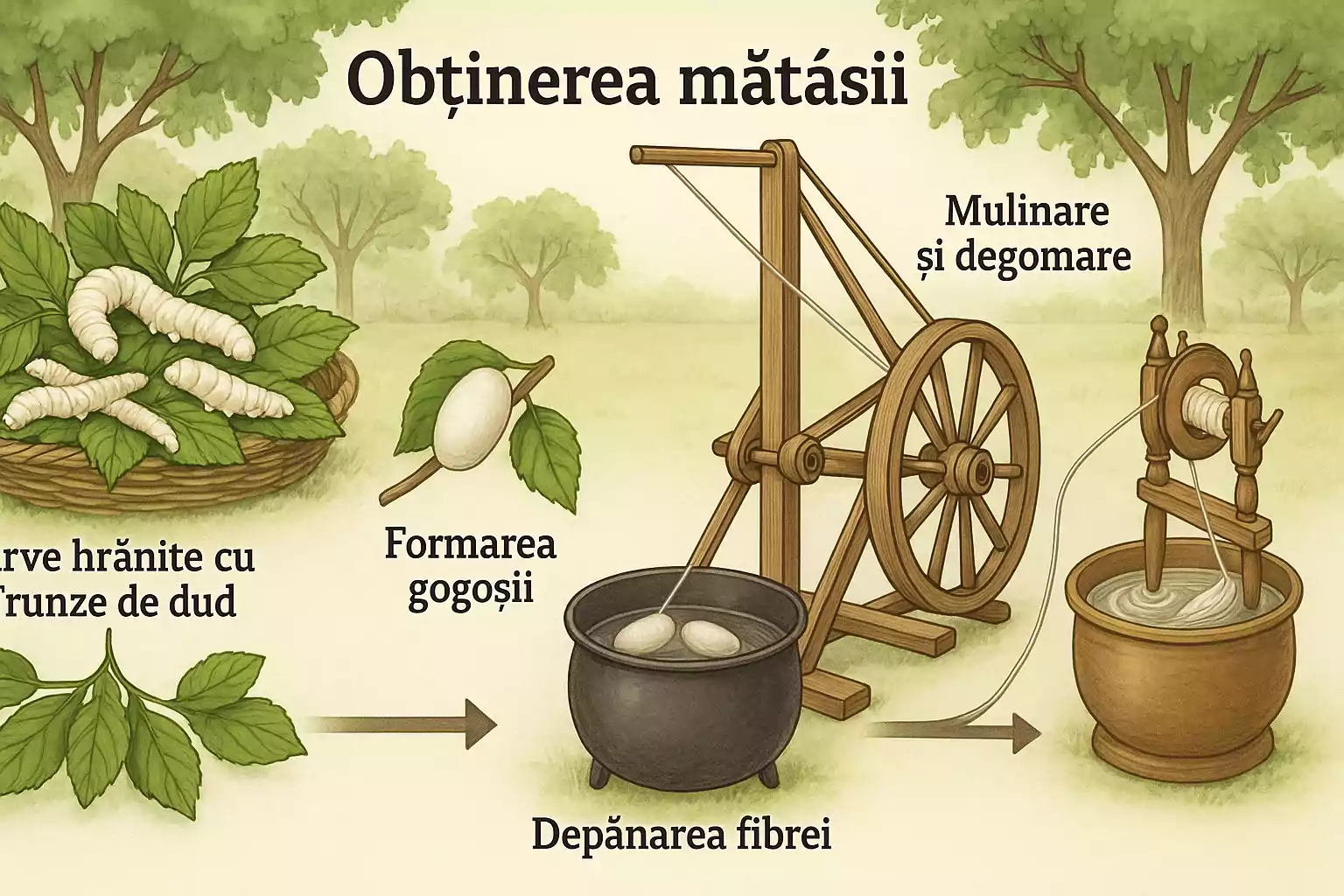 Ilustrație cu etapele de obținere a mătăsii naturale de la viermele de mătase